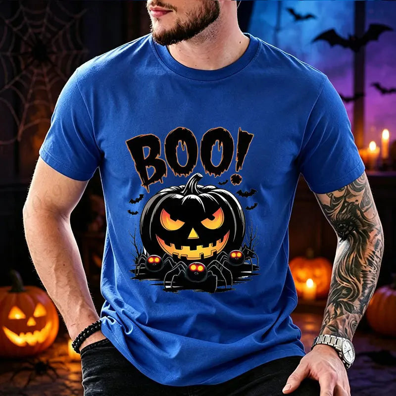 Men Halloween Boo Pumpkin Print T‑Shirt O‑Neck Casual Tee Spooky Spider Bat Graphic Tops Holiday Party Streetwear Men Clothing