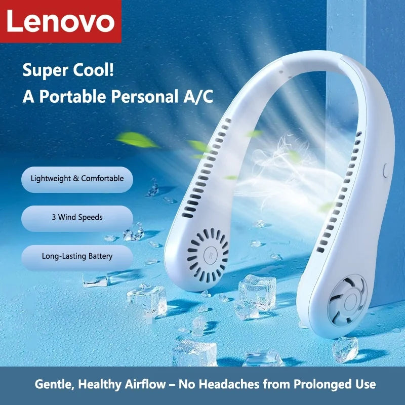 Lenovo Portable Neck Fan Bladeless USB Rechargeable Hands Free Wearable Mini Personal Cooling Fan 3 Speeds Outdoor Travel