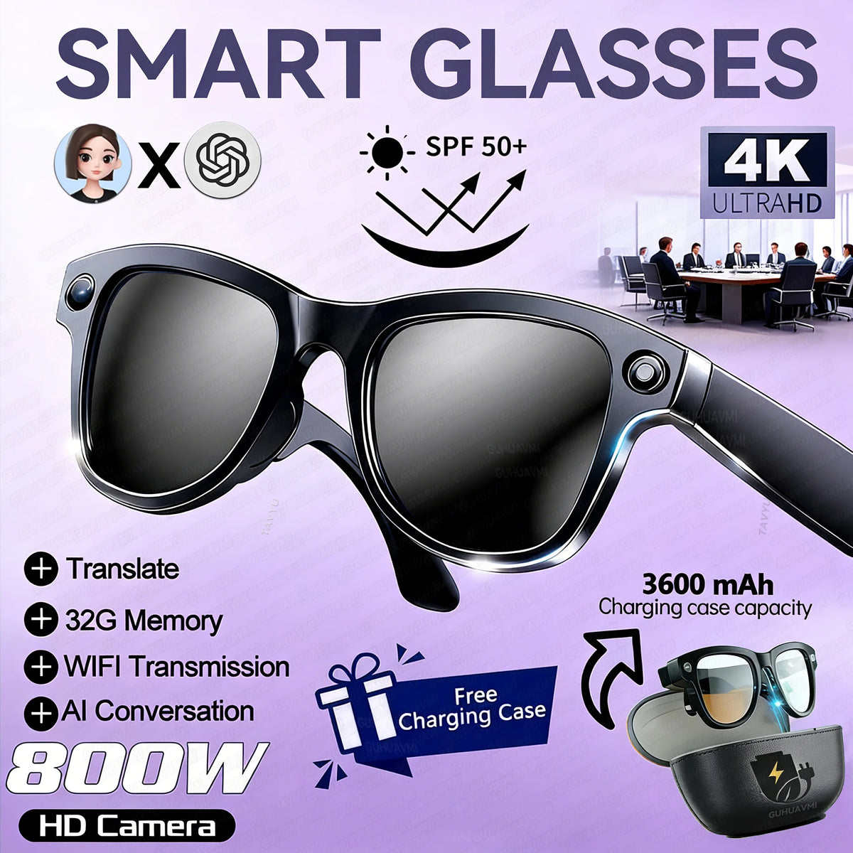 2026 New 800W Camera 3600mAh Portable Charger Smart Glasses 100+language Translation Bluetooth Call Music Player AI Chat Glasses