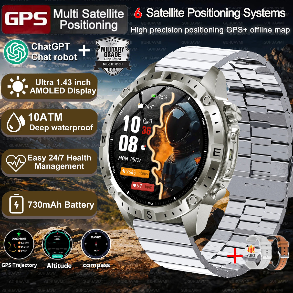 2026New Tank Grade Built in GPS SmartWatch Offline Map 10ATM Swim 2GB Music Compass Bluetooth Call Fitness Sports Smartwatch Men