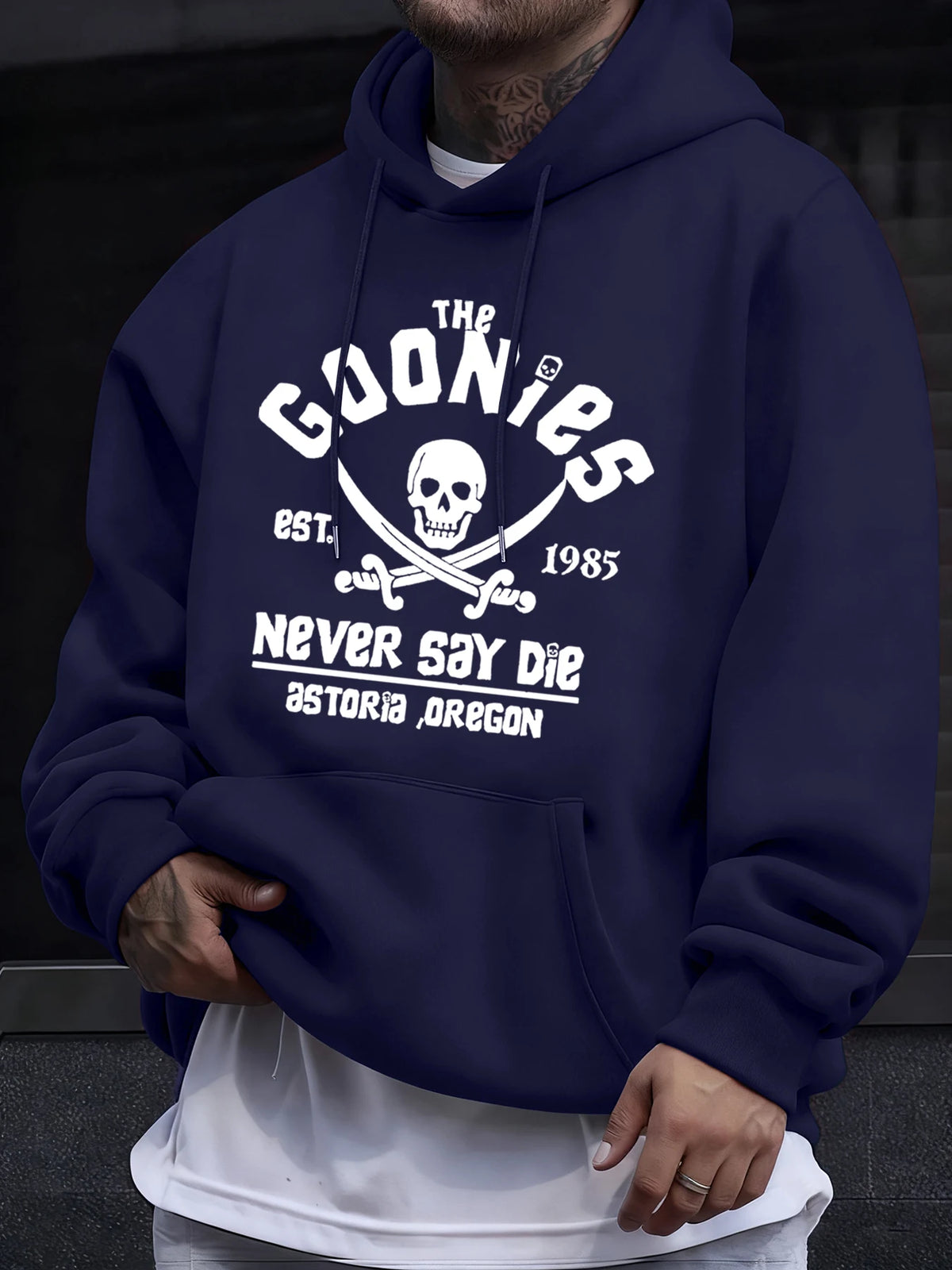 Distressed Goonies Never Say Die Mens Sweatshirt Fashion Casual Hoodies Soft Loose Pullovers Fleece Autumn Unisex Clothing