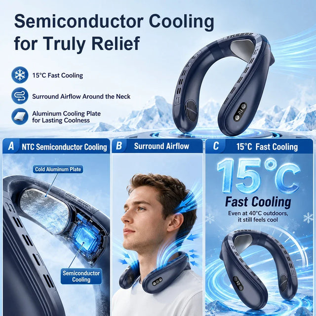 Semiconductor Cooling Portable Neck Air Conditioner Bladeless Rechargeable Neck Fan Personal Wearable Cooler