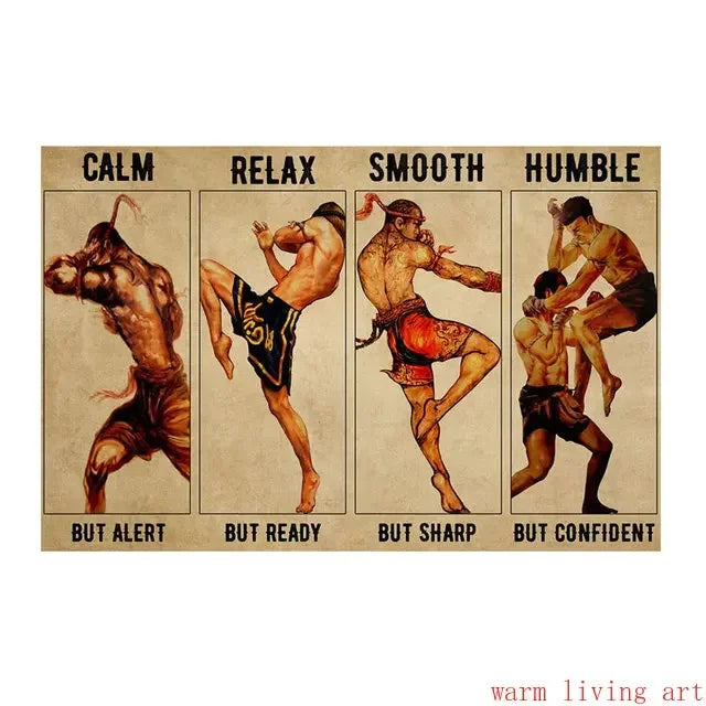 Boxing Dumbbell Fitness Art Poster Canvas Wall Print Home Gym Decor Motivational Picture for Men Women Muay Thai Weightlifting