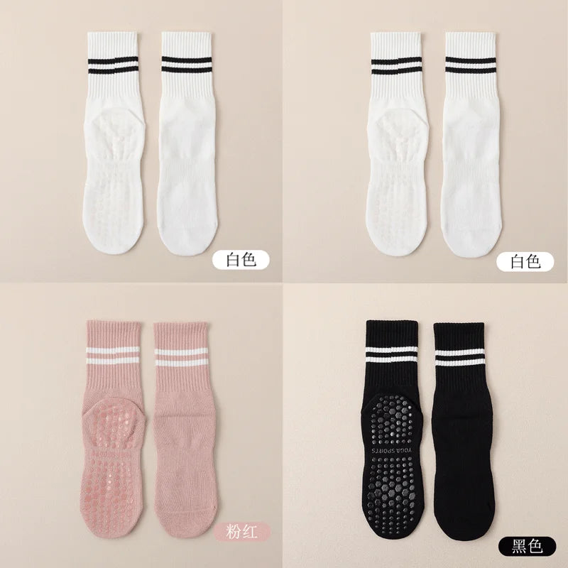 4pairs Women Anti-skid Yoga Socks Grips Cotton Mid-tube Bottom Breathable Fitness Dance Barre Workout Pilates Socks 8 Colors