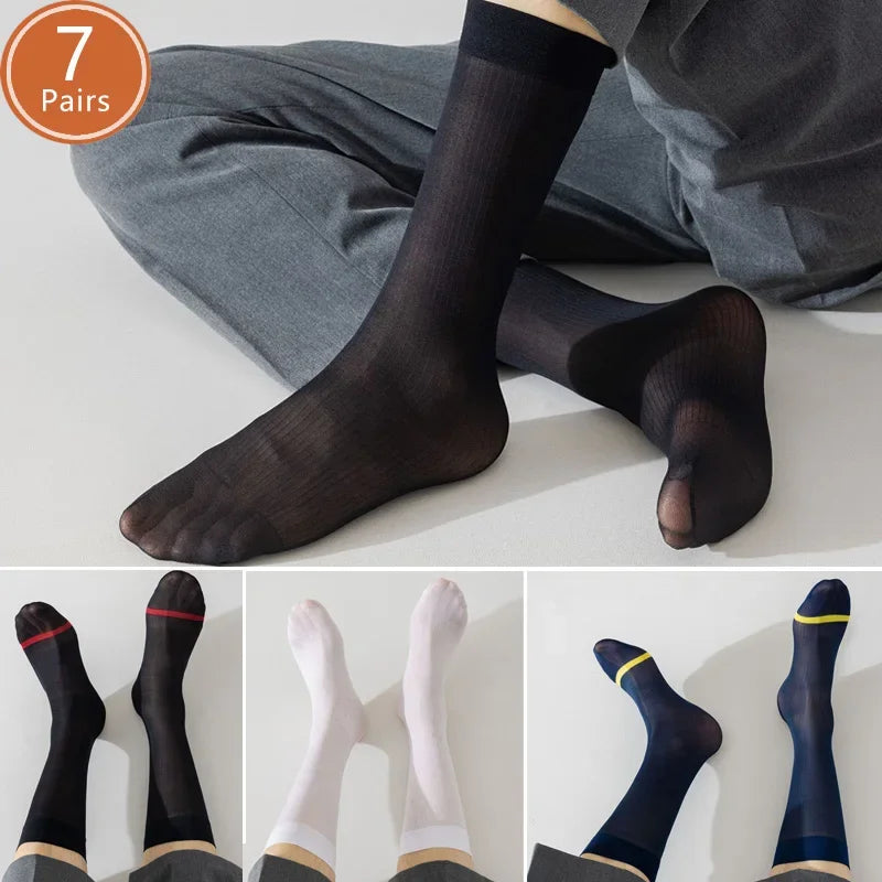 7 Pairs Man Short Silk Socks Thin Nylon Sweat-Absorbing Breathable Business Striped Soft Elastic Party Dress Casual Socks Summer