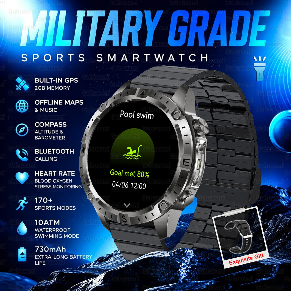 2026 New Rugged Military Smartwatch 2GB Memory GPS Offline Maps Compass 24H Heart Rate 10ATM Waterproof Bluetooth Sports Watches