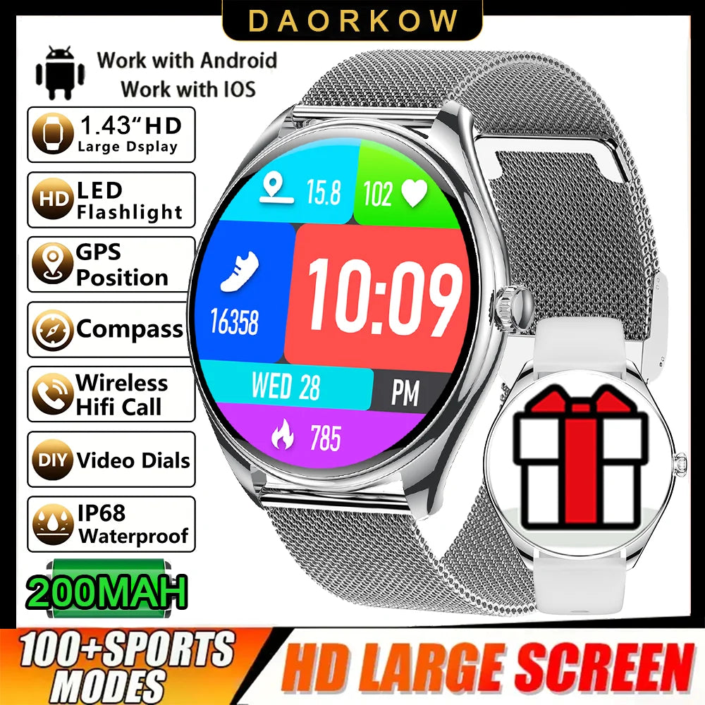 DAORKOW 2026 New 1.43-Inch AMOLED 466*466 Screen Men and Women Bluetooth Call Sports Fitness Ultra-Thin Waterproof Smart Watch