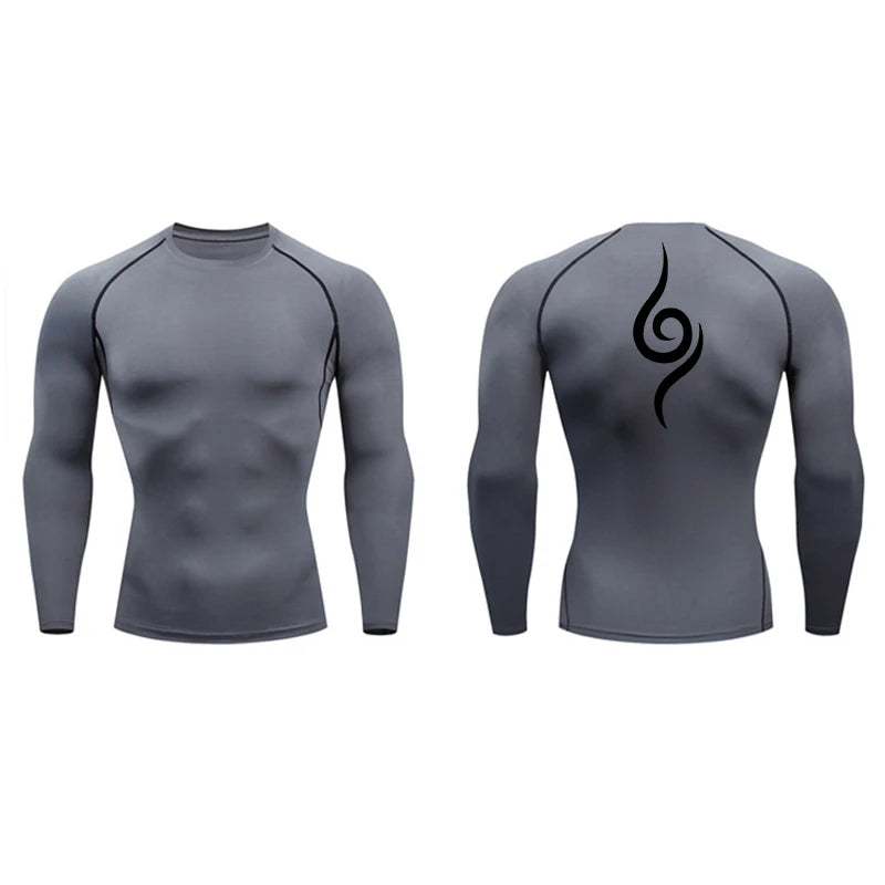 Spine Print Long Sleeve Compression Shirt for Men Athletic Quick Dry T-shirts Gym Workout Running Tees Tops Baselayer Undershirt
