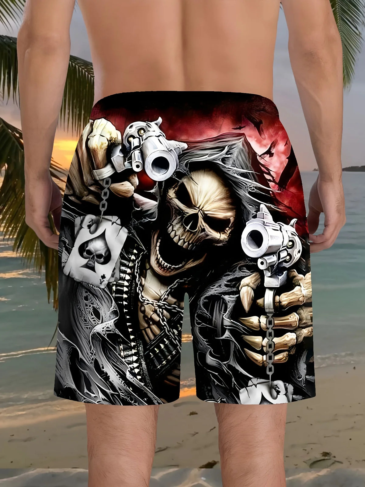 Men's Fashion Skull Man Pattern Digital 3D Printing Men's Casual Drawstring Shorts with Pockets Suitable for Summer Leisure