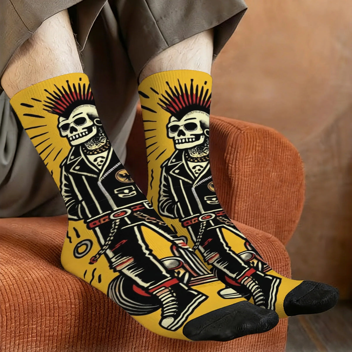 Punk Skull Motorcycle Fashion Print Men's Socks Durable Soft and Skin-Friendly Socks Street Style Retro Harajuku Style Socks