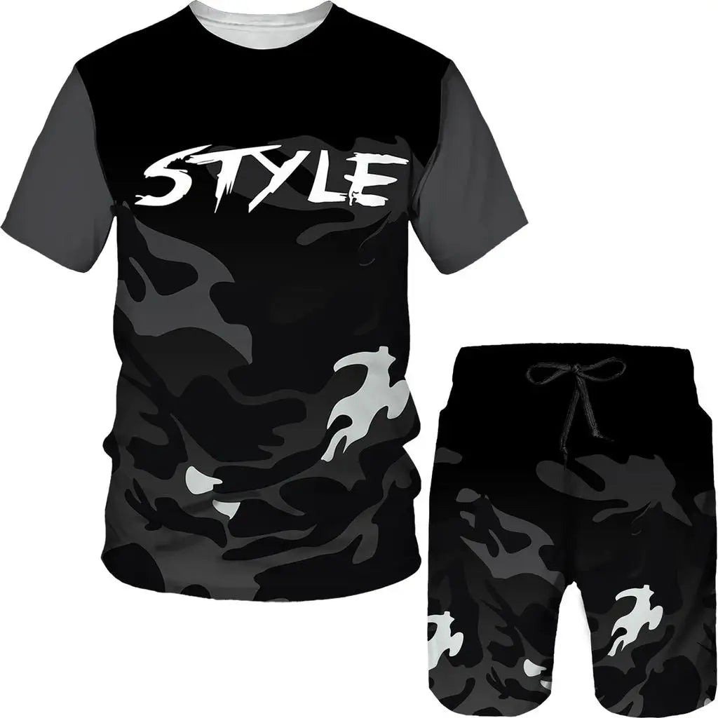 Summer Men Camouflage T shirt Set 3D Print Men's Tracksuit Suit Outdoor Camping Hunting Oversized Casual Tee Shorts 2PCS Outfits