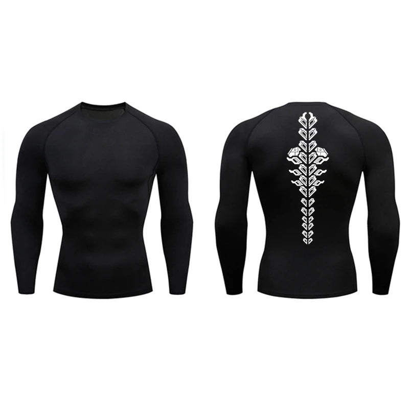 Spine Print Long Sleeve Compression Shirt for Men Athletic Quick Dry T-shirts Gym Workout Running Tees Tops Baselayer Undershirt