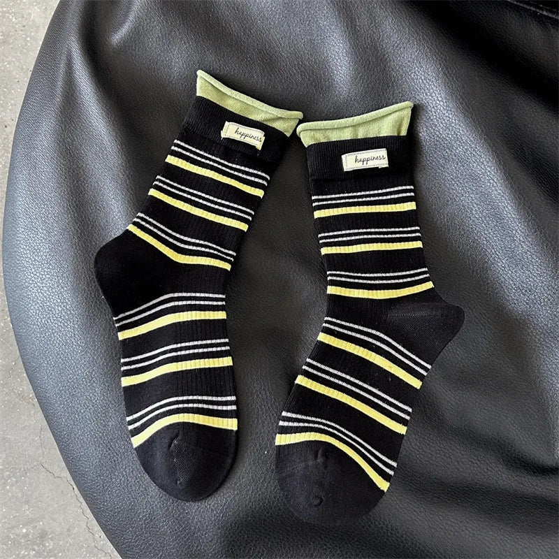 5 Pairs Women's Socks Pack High-quality Pile Socks For Girl Korean Striped Simple Fashionable Versatile Sweet Middle Tube Socks