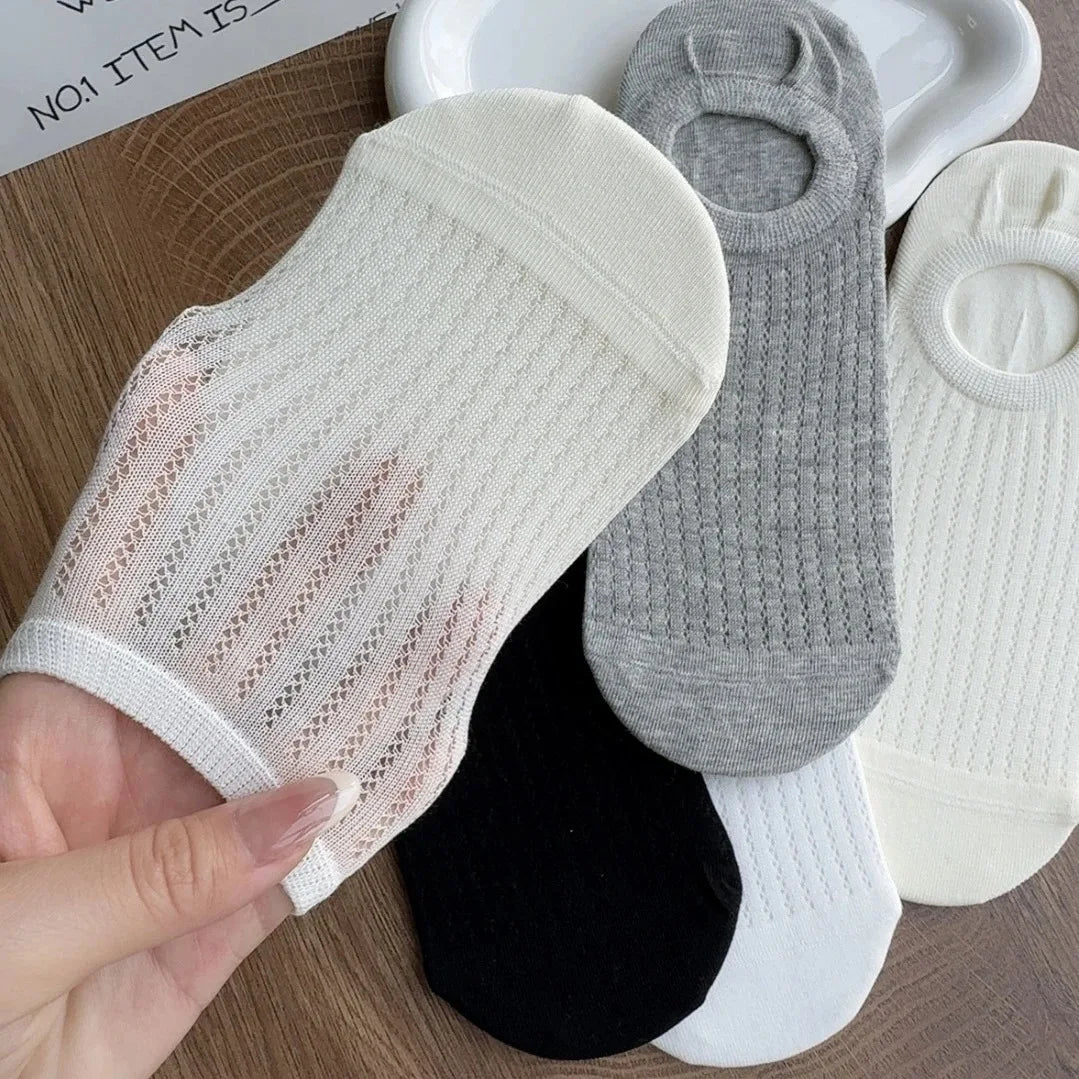 4 Pairs Women Summer Thin Breathable Non Slip Low Cut Invisible Boat Socks Casual Solid Color Comfortable Mesh Socks For Ladies