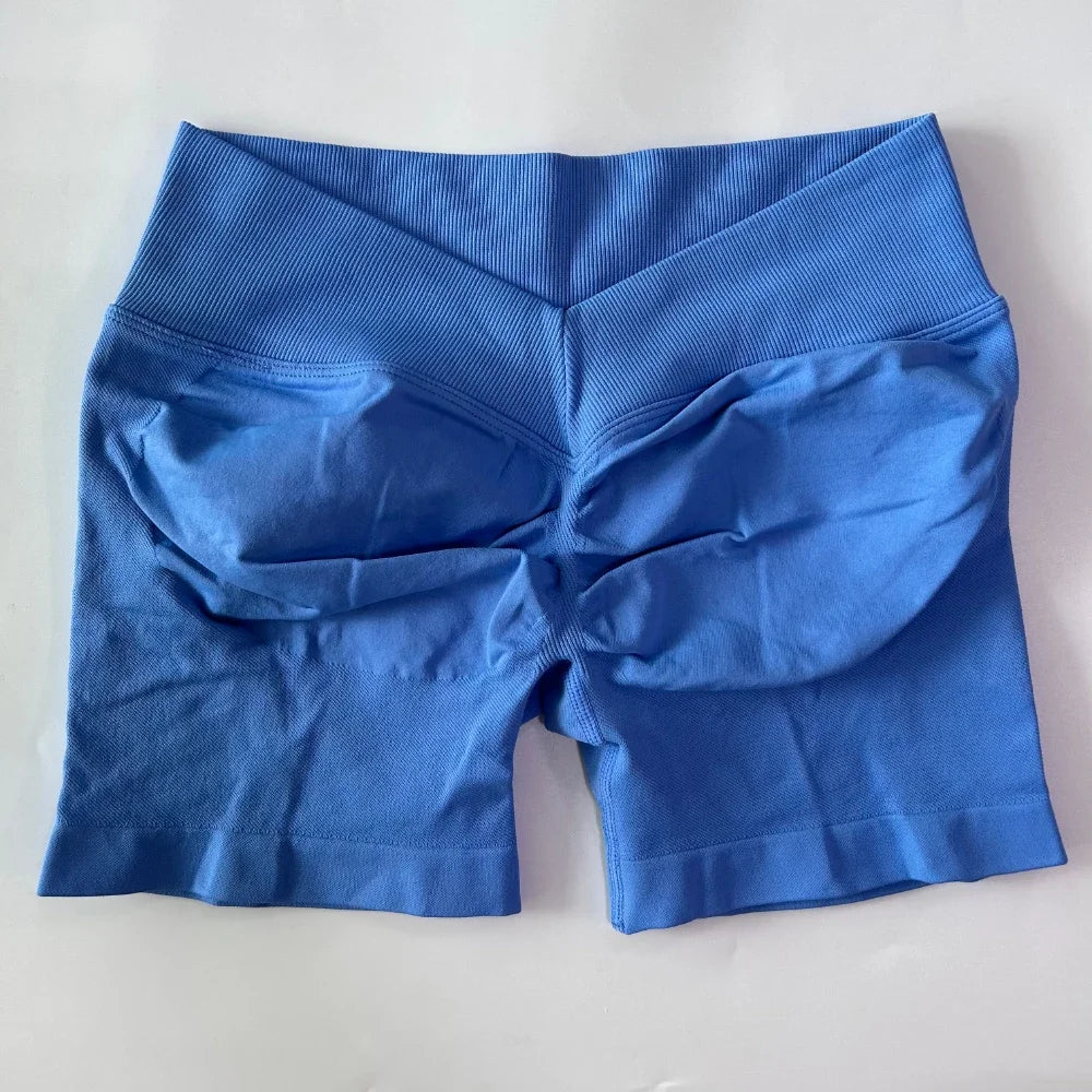 No Logo Women Back V Waist Yoga Shorts High Elastic Seamless Flex Scrunch Bum Workout Gym Shorts Yoga Booty Running Short Pants