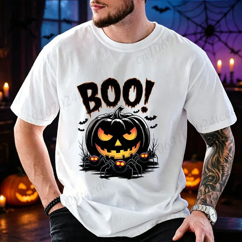 Men Halloween Boo Pumpkin Print T‑Shirt O‑Neck Casual Tee Spooky Spider Bat Graphic Tops Holiday Party Streetwear Men Clothing