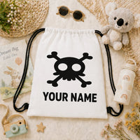 Personalized Skull Crossbones Drawstring Backpack Custom Name Kids Halloween Candy Bag Halloween Party Storage Gift Bag