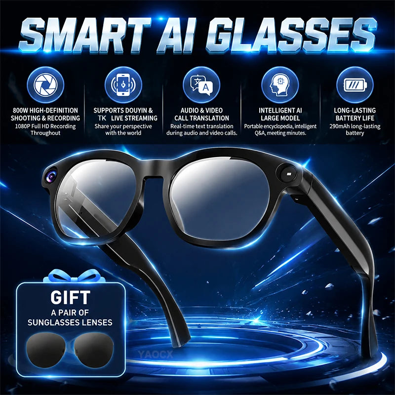AI Smart Glasses 8MP 4K Photo Video HD Camera High Definition Shooting Recording Translation Recognition 290mAh Smart Glasses
