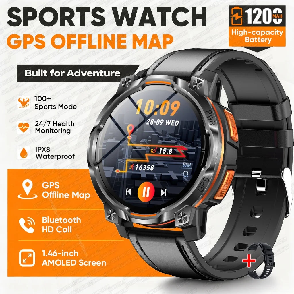 2026 New GPS Offline Map Smart Watch Men 1200mAh Battery IPX8 Waterproof Compass Altimeter  Flashlight Bluetooth Call Smartwatch