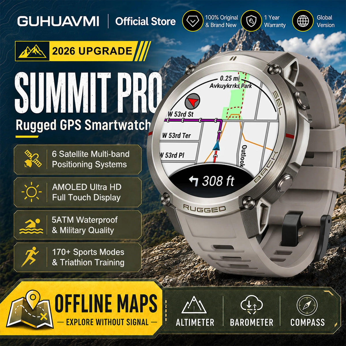 2026 New Google Maps Smart Watch GPS Route Tracking Offline Map Compass Fitness Tracker BT Call Rugged Outdoor HD Smartwatch Men