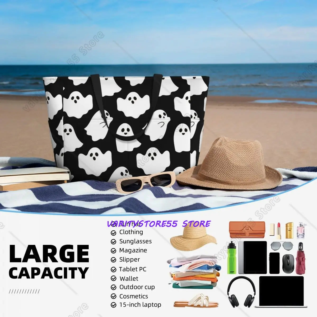 Ghost Halloween Cartoon Pattern Beach Tote Bag Sport Gym Yoga Duffle Large Tote Bag Women Travel Fitness