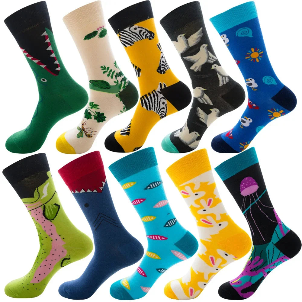 10 Pairs Lot Pack Men Women Couples Lover Socks New Arrival Rhombus Animal Christmas Cartoon Fruit Food Dot Cotton Happy Socks