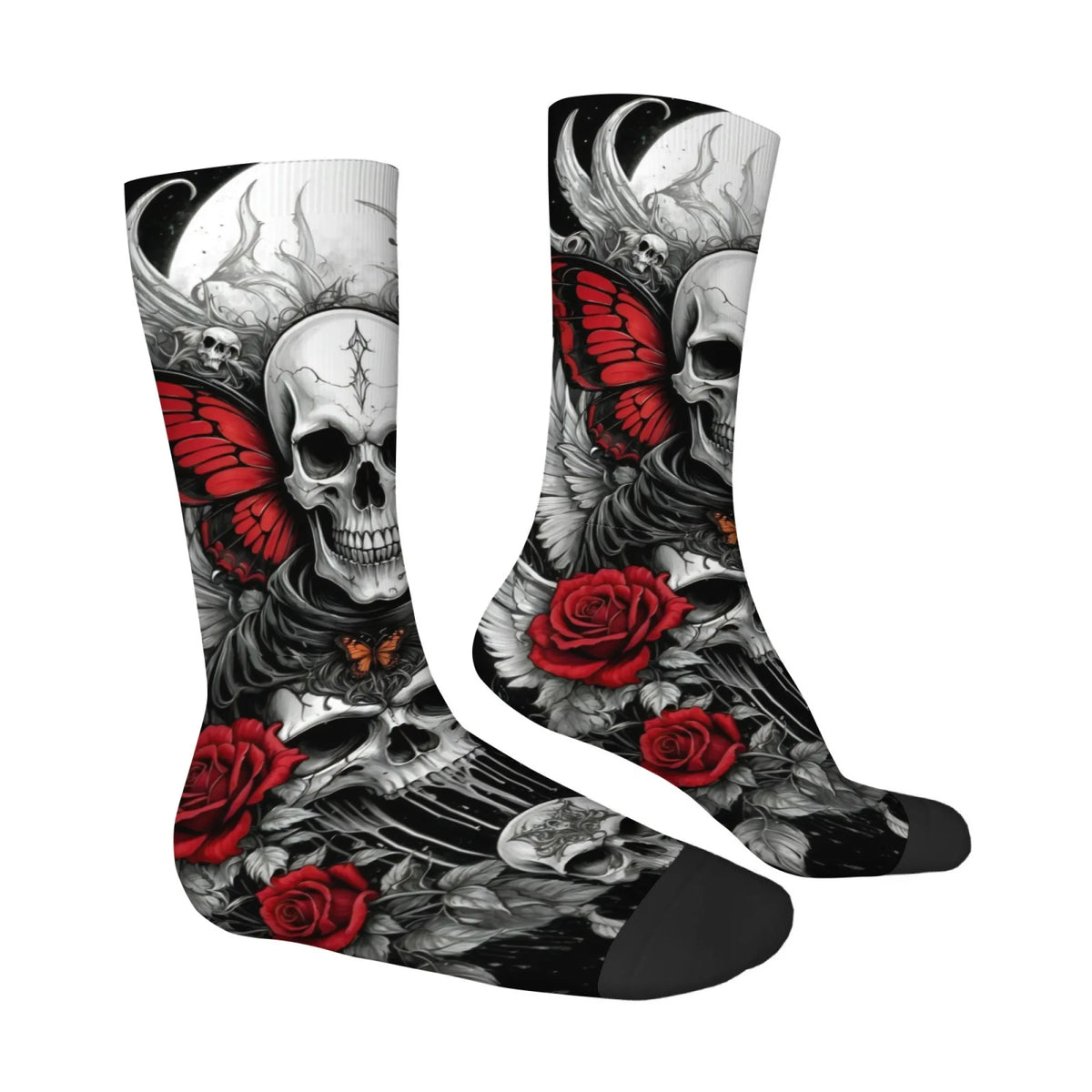 Dark Black Skull Rose and Butterfly Print Men's Mid-calf Socks Dark Mystical Rebellious Street Art Comfortable and Soft Socks