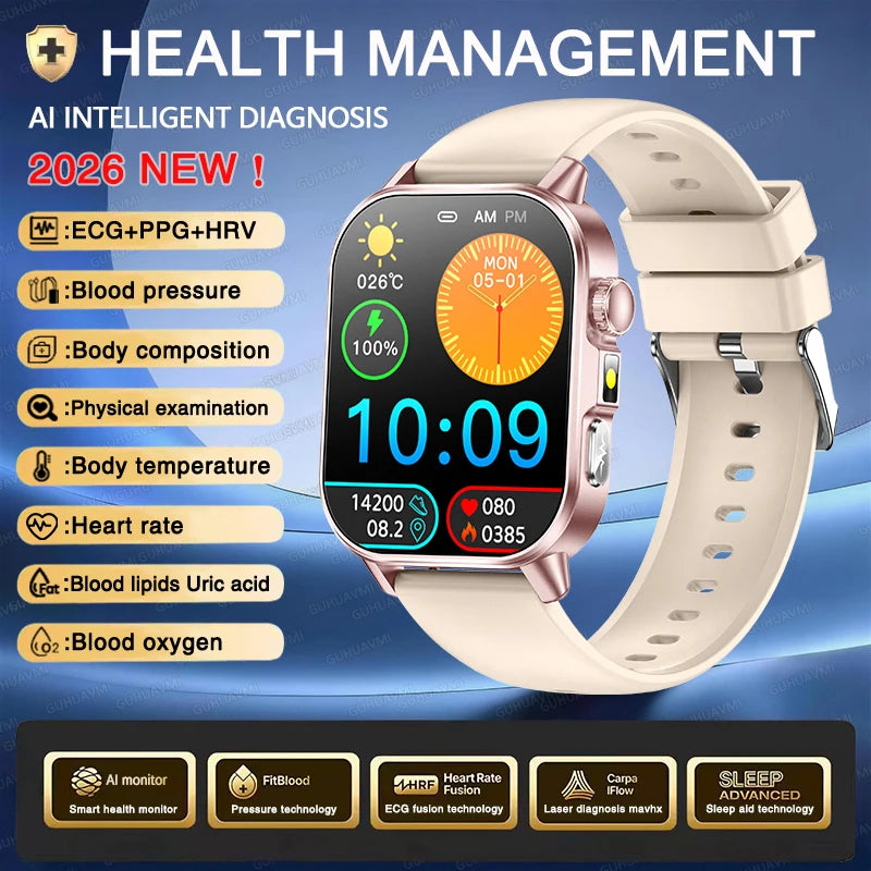 Nursing Grade AI Health Analysis Diagnose Smart Watch ECG+PPG Clock Blood Pressure Blood Lipid Uric Acid HD Call Watch Men Women