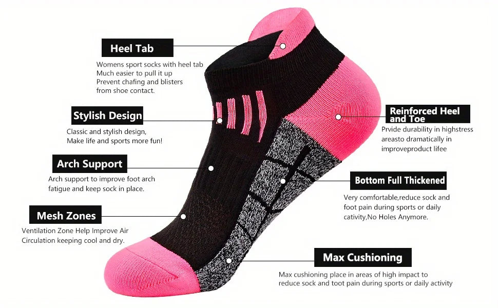6 Pairs of Women's Spring and Summer Compression Sports Socks - Low Top, Cushioning, Breathable, Moisture Wicking, Arch Support, Ankle Socks, Suitable for Running, Cycling, Hiking and Outdoor Activities, 6 Pairs of Socks of R