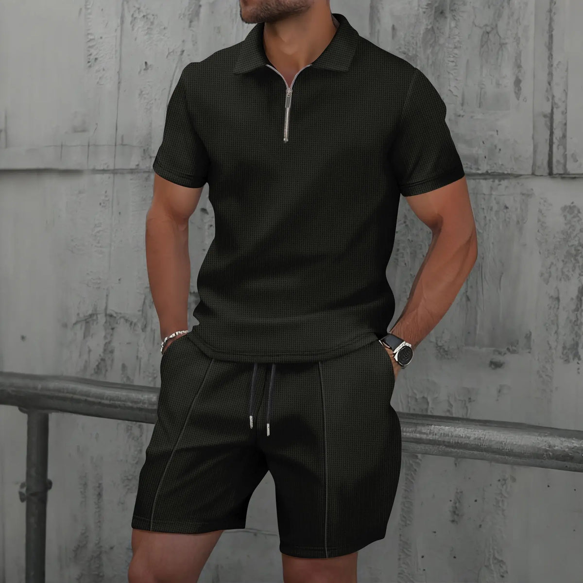 Men Europe and the United States New Summer Waffle Solid Color Zip-Up Lapel Short-Sleeve Suit Shorts Two Sets