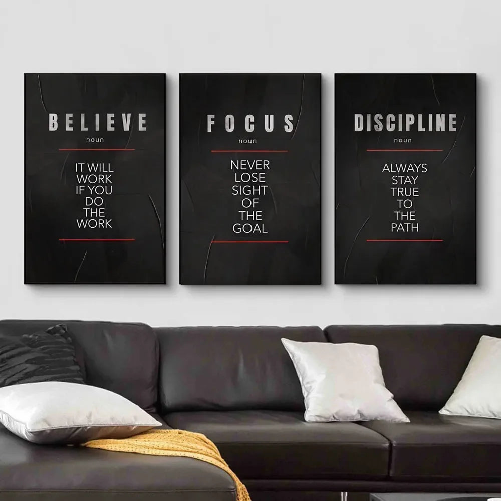 Believe Discipline and Focus Definition Poster  Motivational  Inspirational Canvas Prints Wall Art for Home Office Room Decor