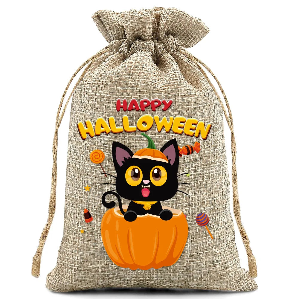 10pcs10X15cm Halloween Linen Drawstring Gift Bag Trick or Treat Party Children's Small Gifts Candy Packaging Storage Bag