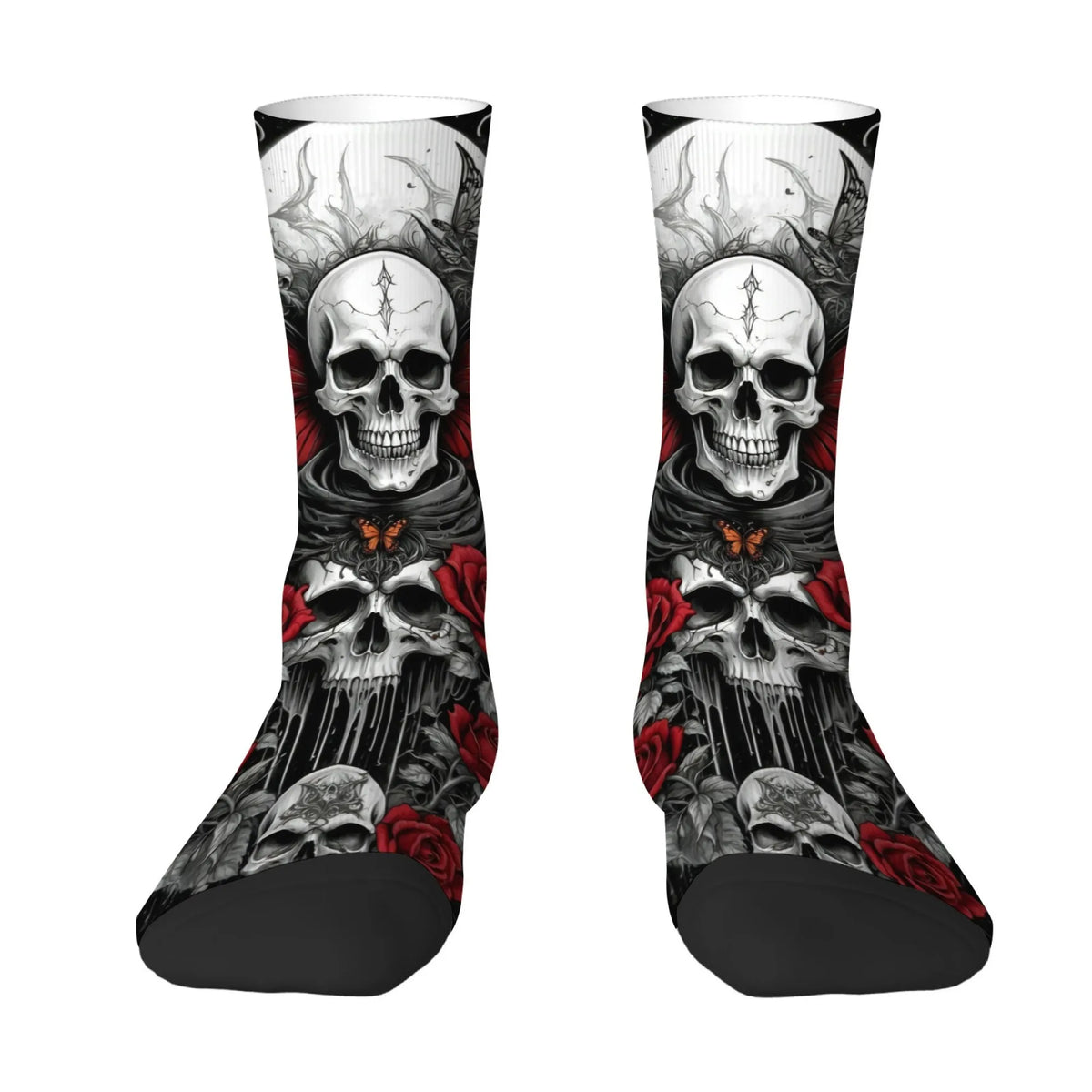 Dark Black Skull Rose and Butterfly Print Men's Mid-calf Socks Dark Mystical Rebellious Street Art Comfortable and Soft Socks