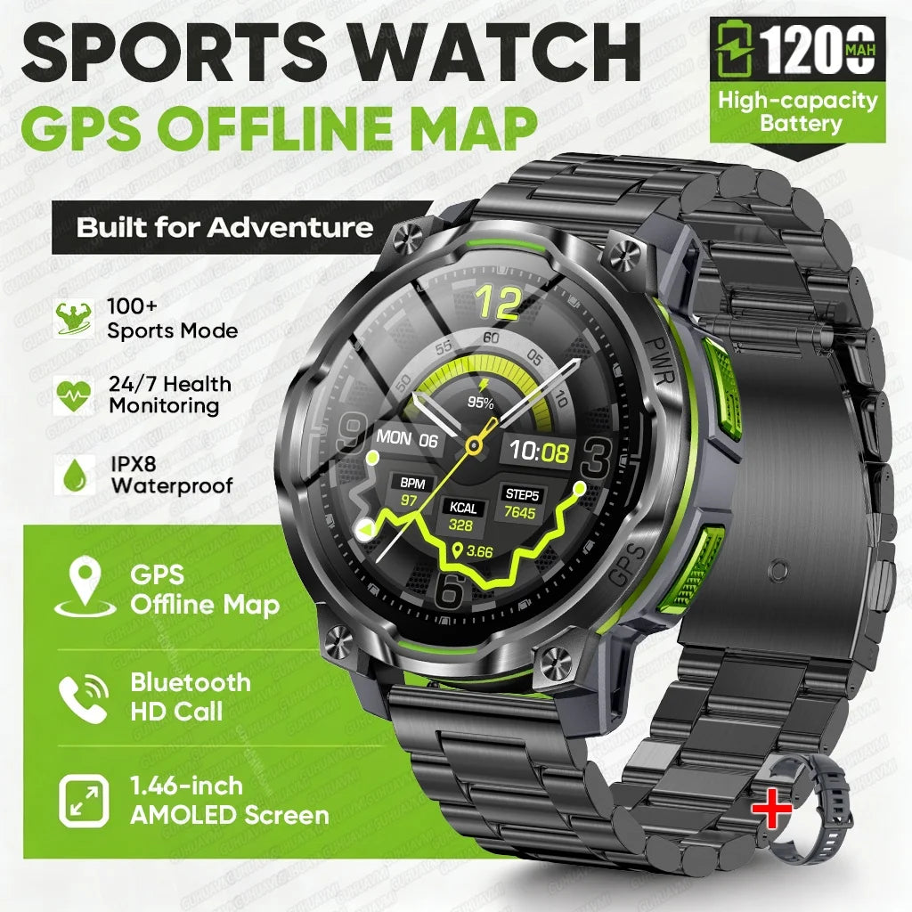 2026 New GPS Offline Map Smart Watch Men 1200mAh Battery IPX8 Waterproof Compass Altimeter  Flashlight Bluetooth Call Smartwatch