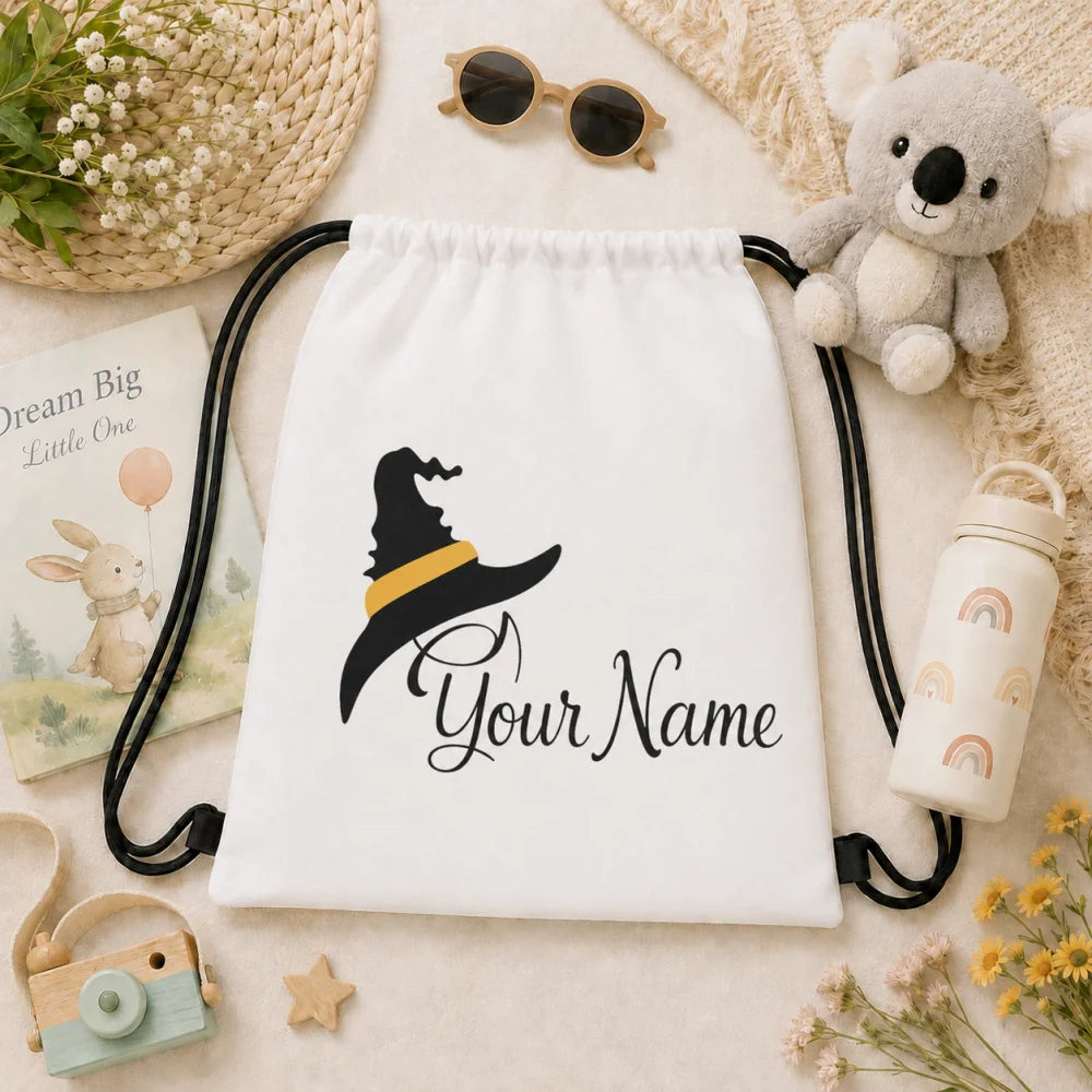 Custom Name Minimalist Witch Hat Drawstring Backpack,Halloween Black Wizard Hat Yellow Band Print Lightweight String Storage Bag