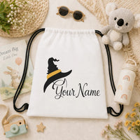 Custom Name Minimalist Witch Hat Drawstring Backpack,Halloween Black Wizard Hat Yellow Band Print Lightweight String Storage Bag