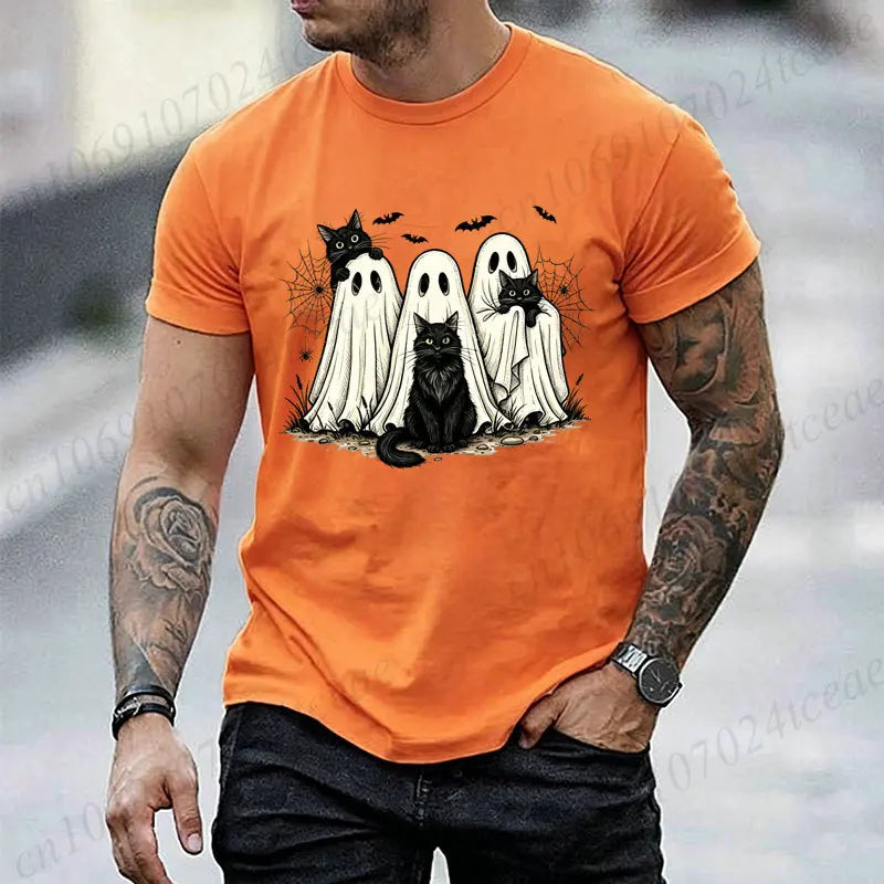 Retro Halloween Ghost & Black Cat Graphic T‑Shirt Men Women Spooky Ghost Cats Bat Spider Print Short Sleeve Holiday Party Tops