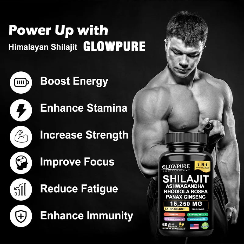 Shilajit Original Himalaya Supplements - 8 in 1 with Ginseng Ashwagandha for Brain, Memory, Concentration, Energy, Immune Health