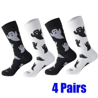 4 Pairs Ladies Autumn Winter Mid-Calf Socks, Cute Cartoon Black & White Ghost Print Halloween Themed Socks For Women