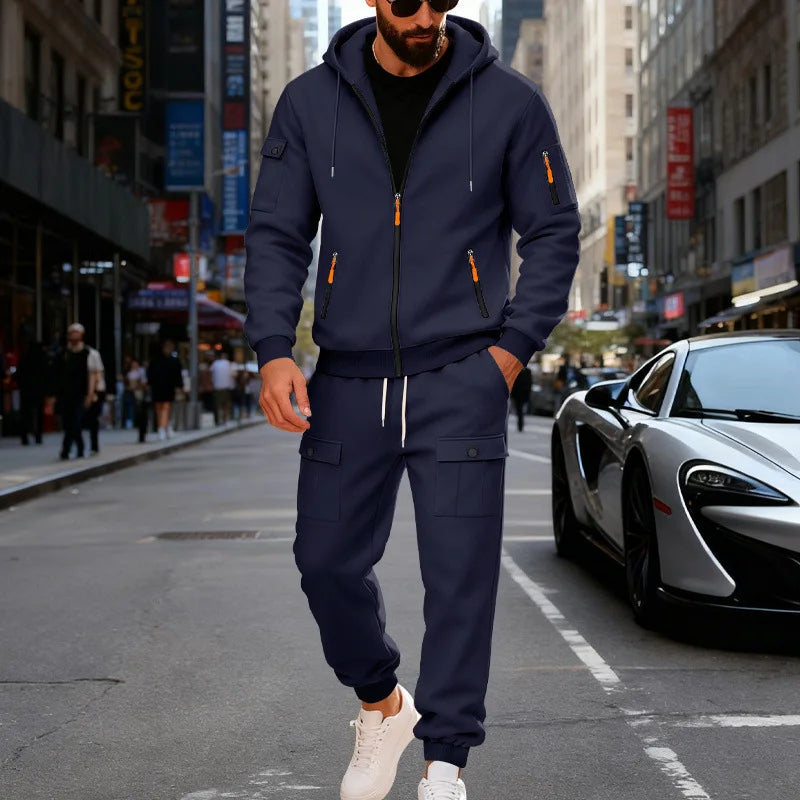 Autumn and Winter Men's Velvet Loose Casual Tooling Outdoor Sports Fashion Hooded Sweater Set