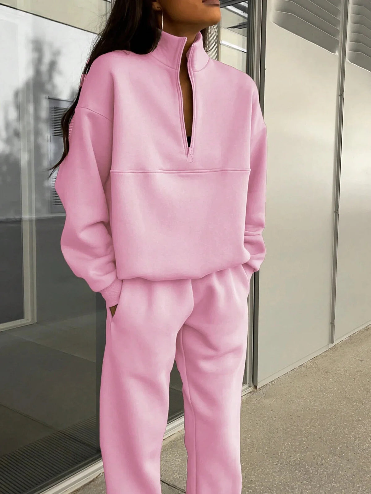 FSMG Casual Half High Neck Tracksuit Solid Long Sleeve Zippers Pullovers+Elastic Waist Pant 2 Piece Set Female Sport Outifits