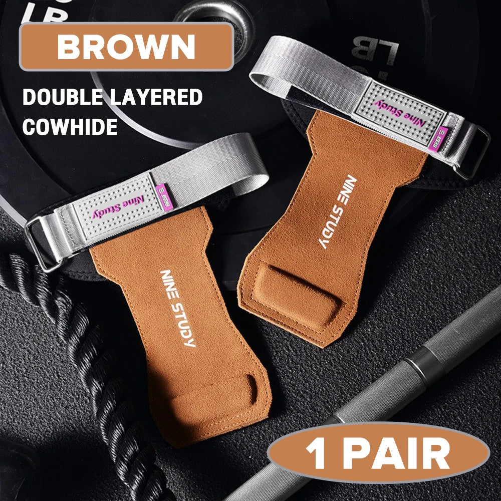 1 Pair Premium Anti-Slip Wrist Wrap Lifting Straps Grips Fitness Gloves for Gym Training Deadlifting 3 Layer Leather