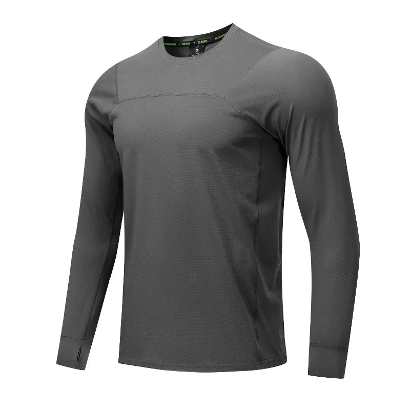 Autumn Breathable Round Neck Long Sleeve Quick‑Dry Fitness Shirt Pull‑Over Solid Sun‑Protection Running T‑Shirt Men