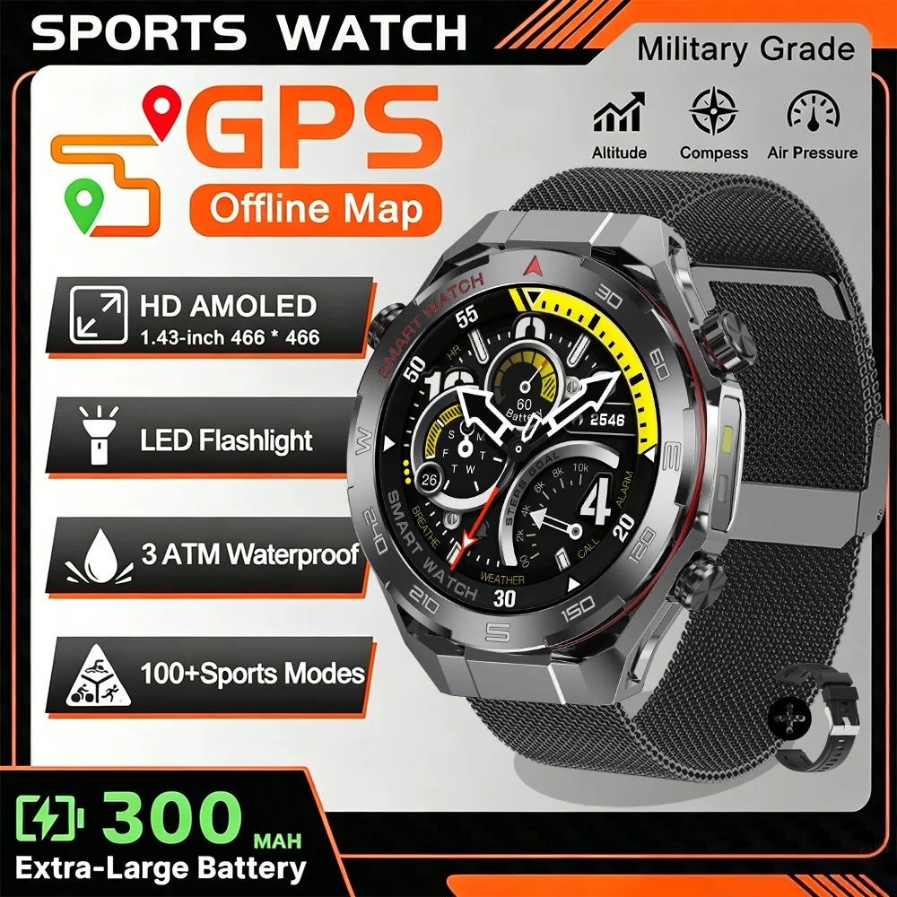 2026 New GPS Sports Smartwatch 300mAh Large Battery LED Flashlight Compass Barometer Military Grade Men's Smartwatch Gift