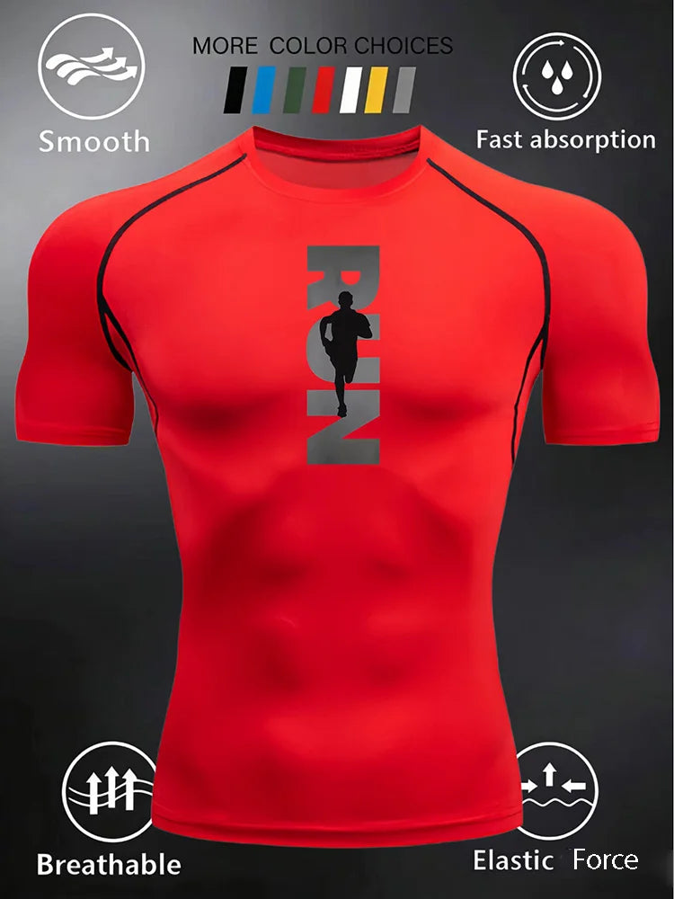 Men's and Women's Matching Short Sleeve T-Shirt with Pressed Design Printed RUN Pattern Fitness Top Suitable for Running - J34