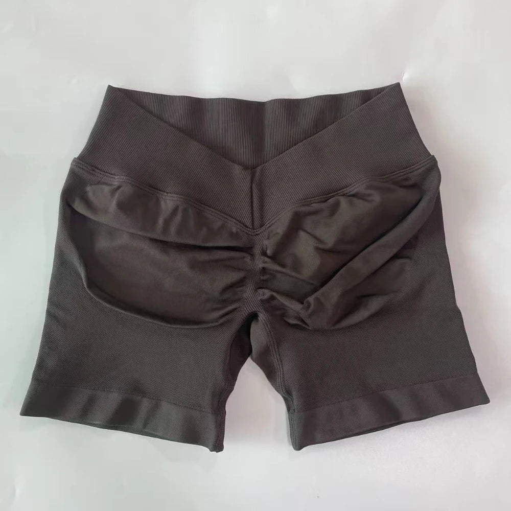 No Logo Women Back V Waist Yoga Shorts High Elastic Seamless Flex Scrunch Bum Workout Gym Shorts Yoga Booty Running Short Pants