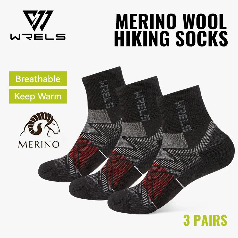 WRELS 1/2/3Pairs Merino Wool Socks Hiking Running Socks Breathable Cushion Sweat Wicking Warm Thermal Compression Wool Socks