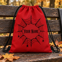 Halloween Trick Or Treat Drawstring Backpack, Personalized Custom Name Spider Web Print Sack, Lightweight Candy Carry Bag