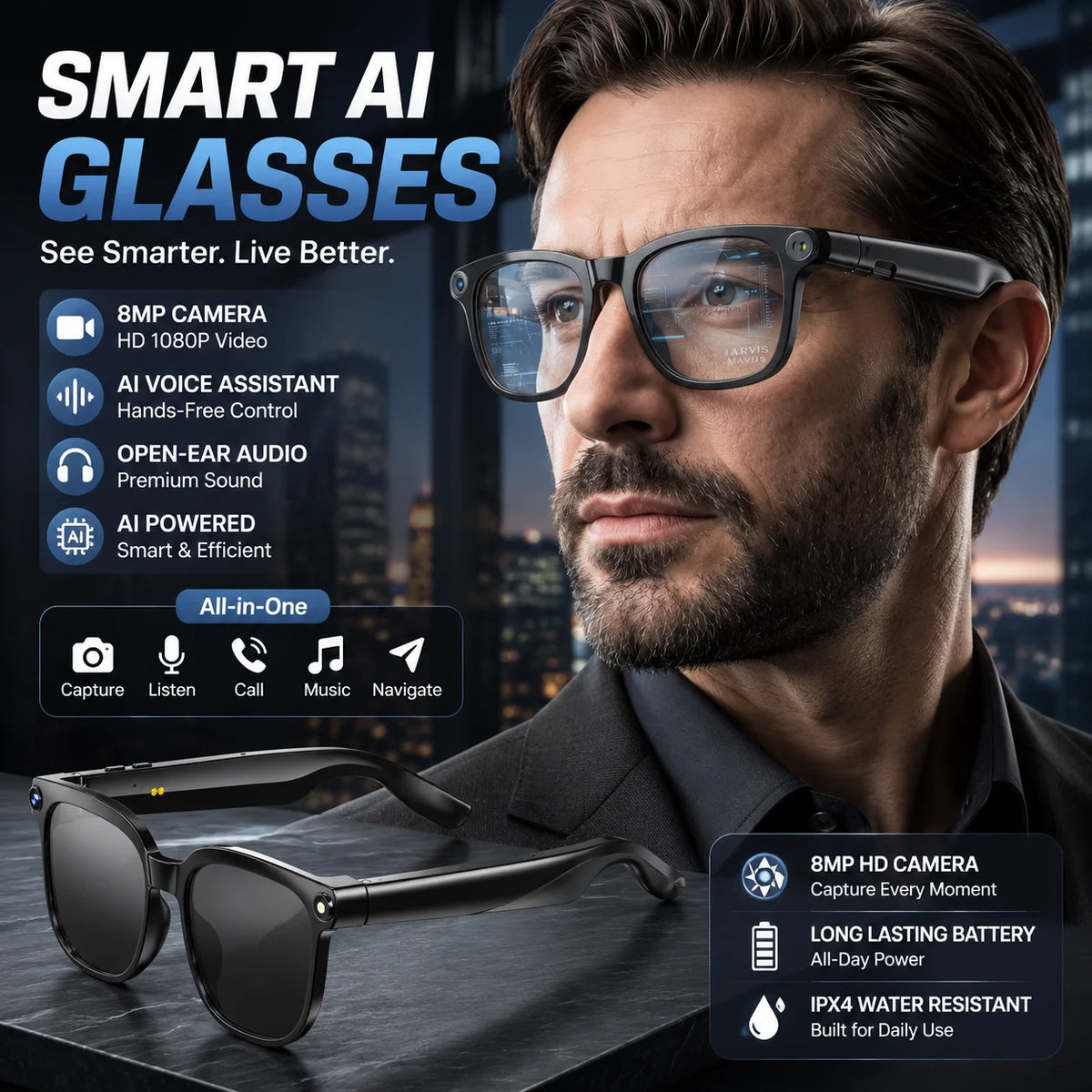 2026New 4K HD Photochromism AI Smart Glasses 800W Pixel Camera 1080P Video AI Chat Music Player Call AI Sports Smart Glasses Man