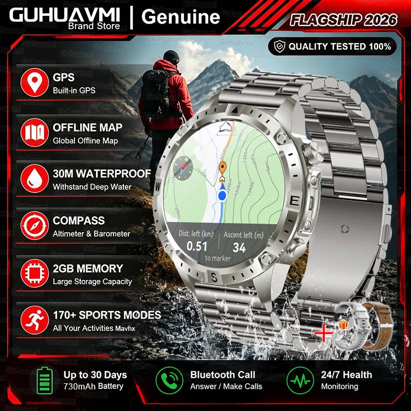 2026New Military Built-in GPS Offline Map Smart Watch AMOLED HD BT Call Compass Flashlight 3ATM Waterproof Men Sports Smartwatch